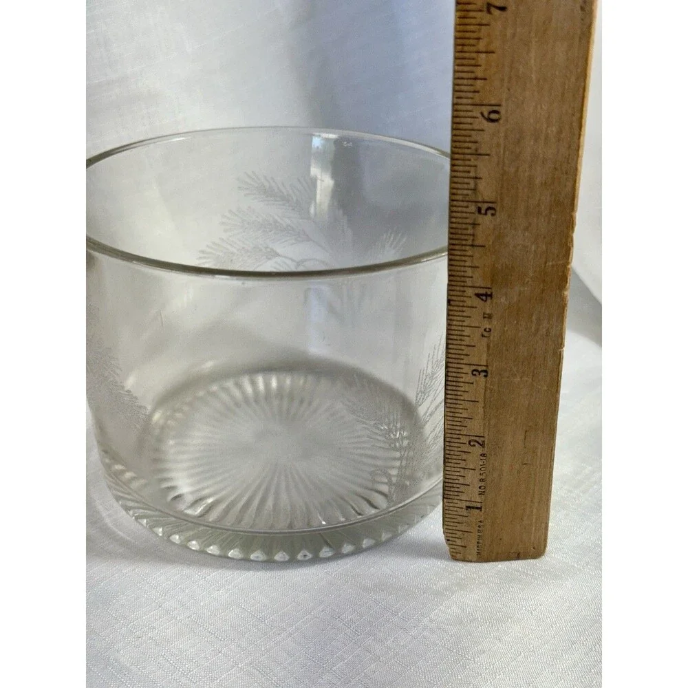 Vintage Clear Glass Ice Bucket Engraved Wheat Scene Pressed Glass Starburst MCM